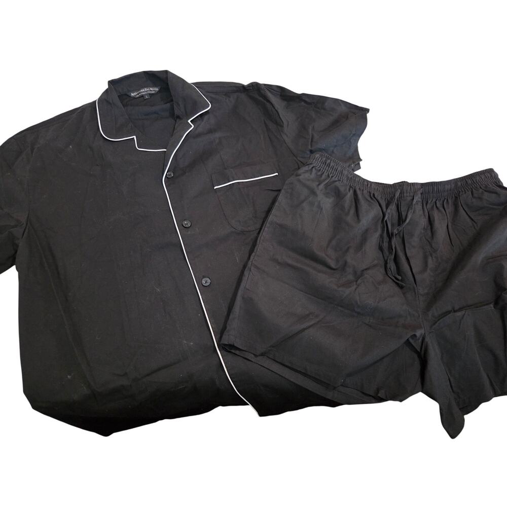 Alexander Del Rossa Large Black Cotton Pajamas 2 Piece Set Button Up Shorts